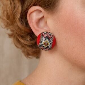 Vintage 1960s Tomato Red Clip On Earrings Silver Glitter Mod Mid Century